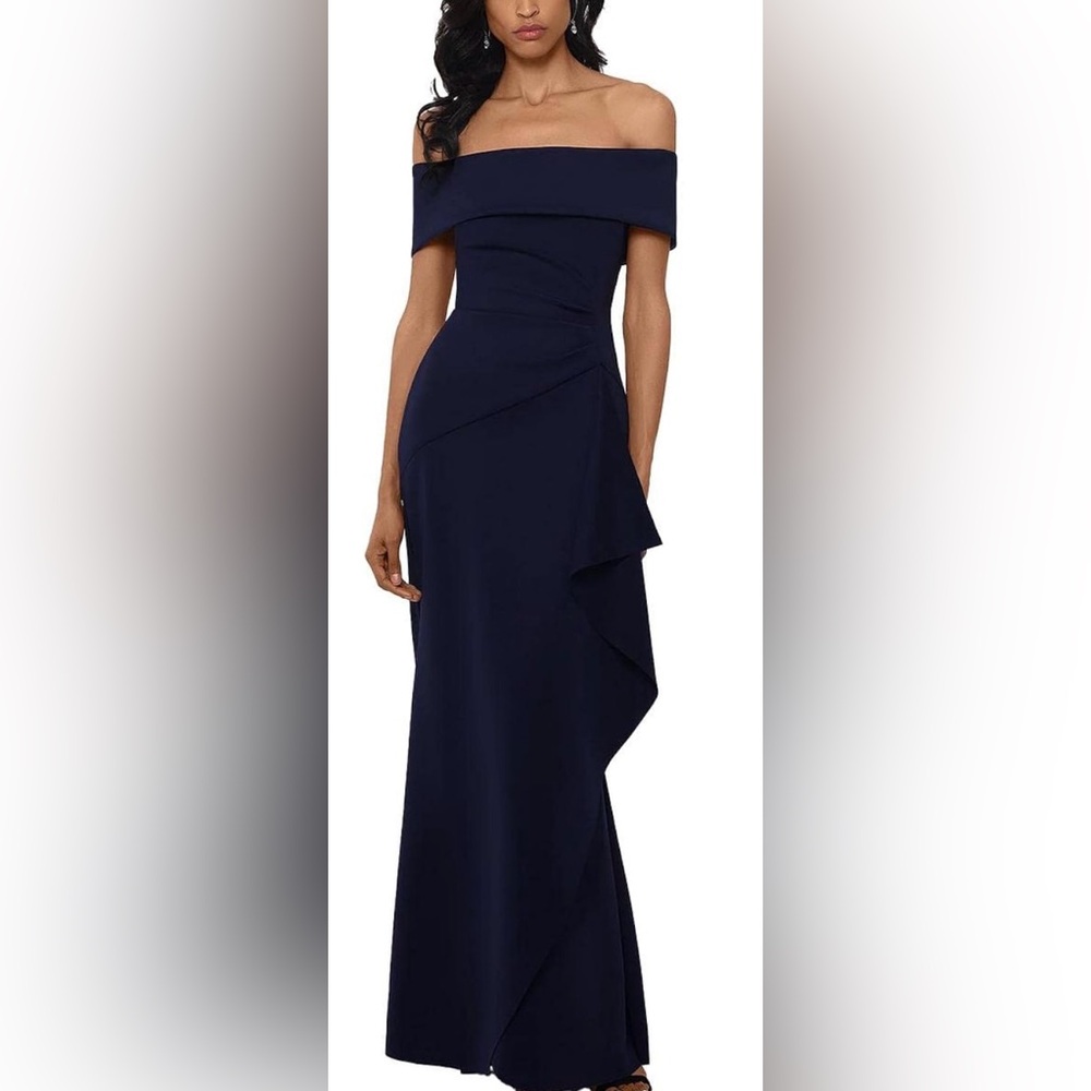 Xscape Off-Shoulder Navy Maxi Dress so flattering and comfortable